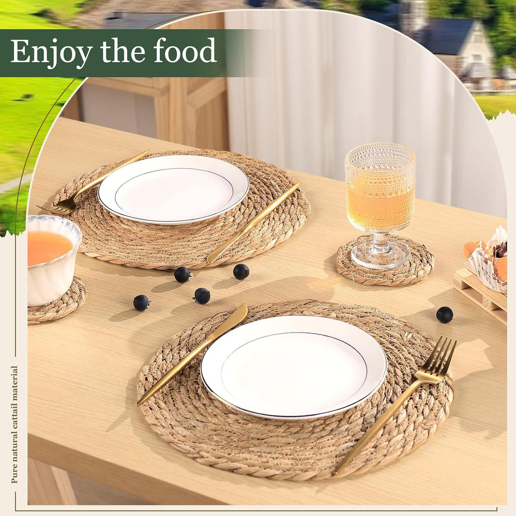 Round Woven Placemats 12 Inch with 6 Coasters 4 Inch Boho Natural Handmade Table Mats Table Decor Farmhouse - Set of 6
