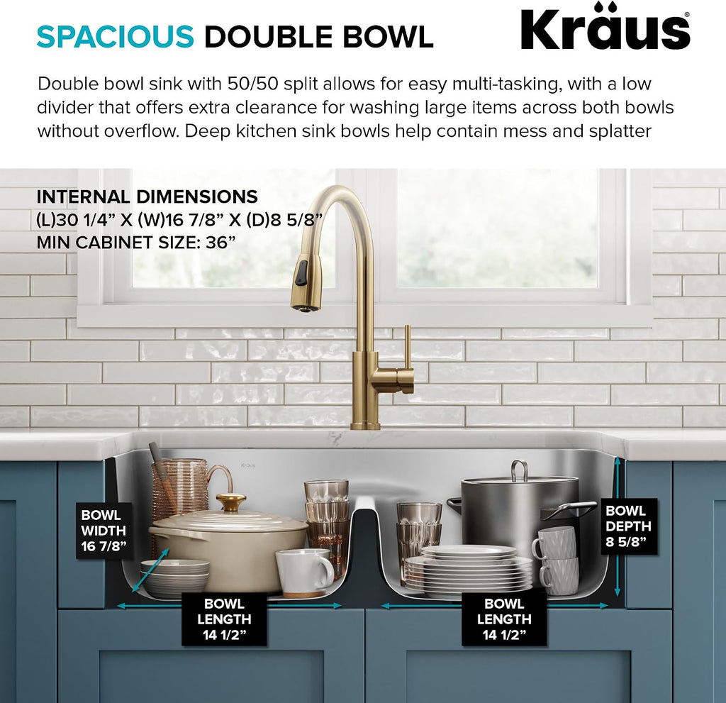 Premier 32-inch Undermount 50/50 Double Bowl Low Divider 18-Gauge Stainless Steel Kitchen Sink with Strainers (x2)