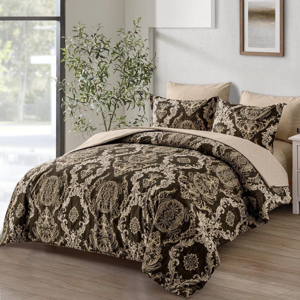 7 Pieces Comforter Set King Size, Damask Texture Design Bed in a Bag Bedding Sets, Brown Soft Lightweight Microfiber