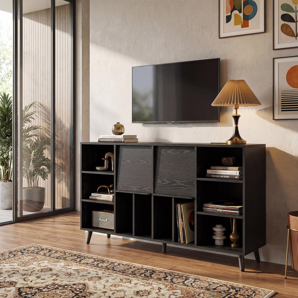 Record Player Stand with Charging Station, 55" Holds 450+ Albums