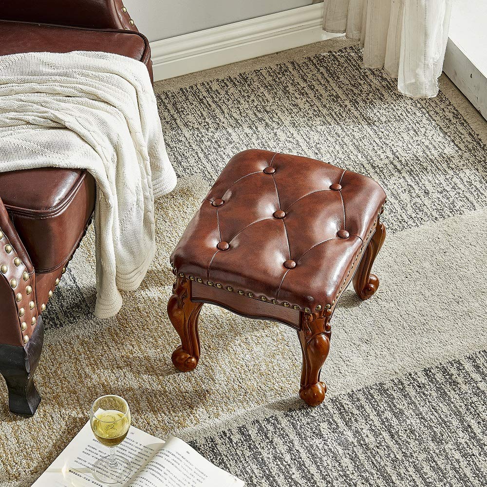 Small Footstool Brown Leather Ottoman, Vintage Carved Upholstered Footrest, Rubber Wooden Foot Rest Stool Sofa Stool