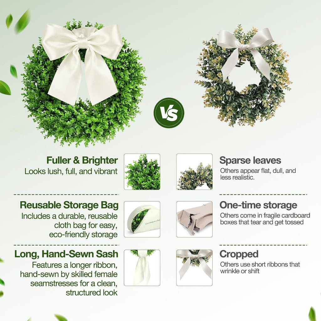 24" Boxwood Wreaths for Front Door - Large Boxwood Wreath with Sash