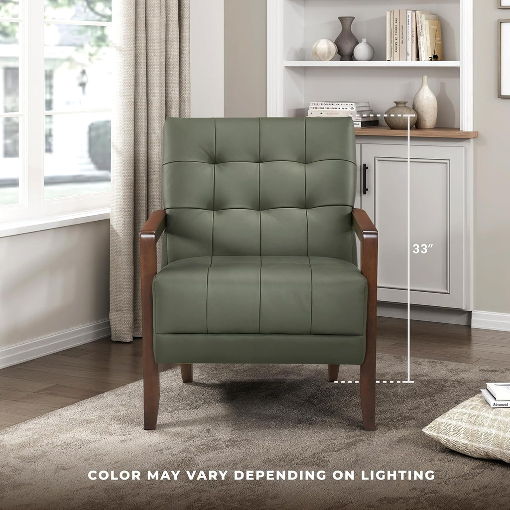 Modern Leather Match Accent Chair,Tufted,Solid Wood Arms,Green