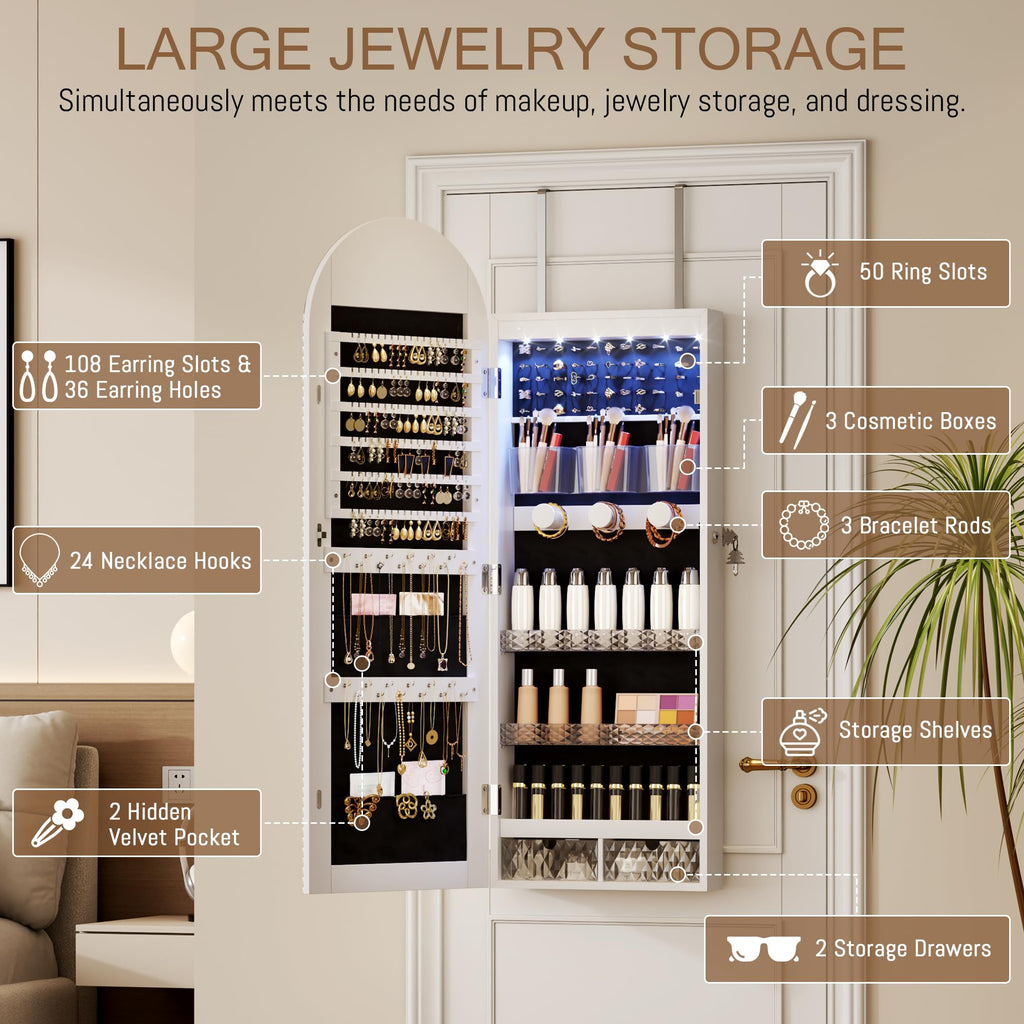 Wall Mounted Jewelry Organizer Lockable, 43"x16" Door Hanging Arched Mirror with Lights and Jewelry Storage, 6 LEDs