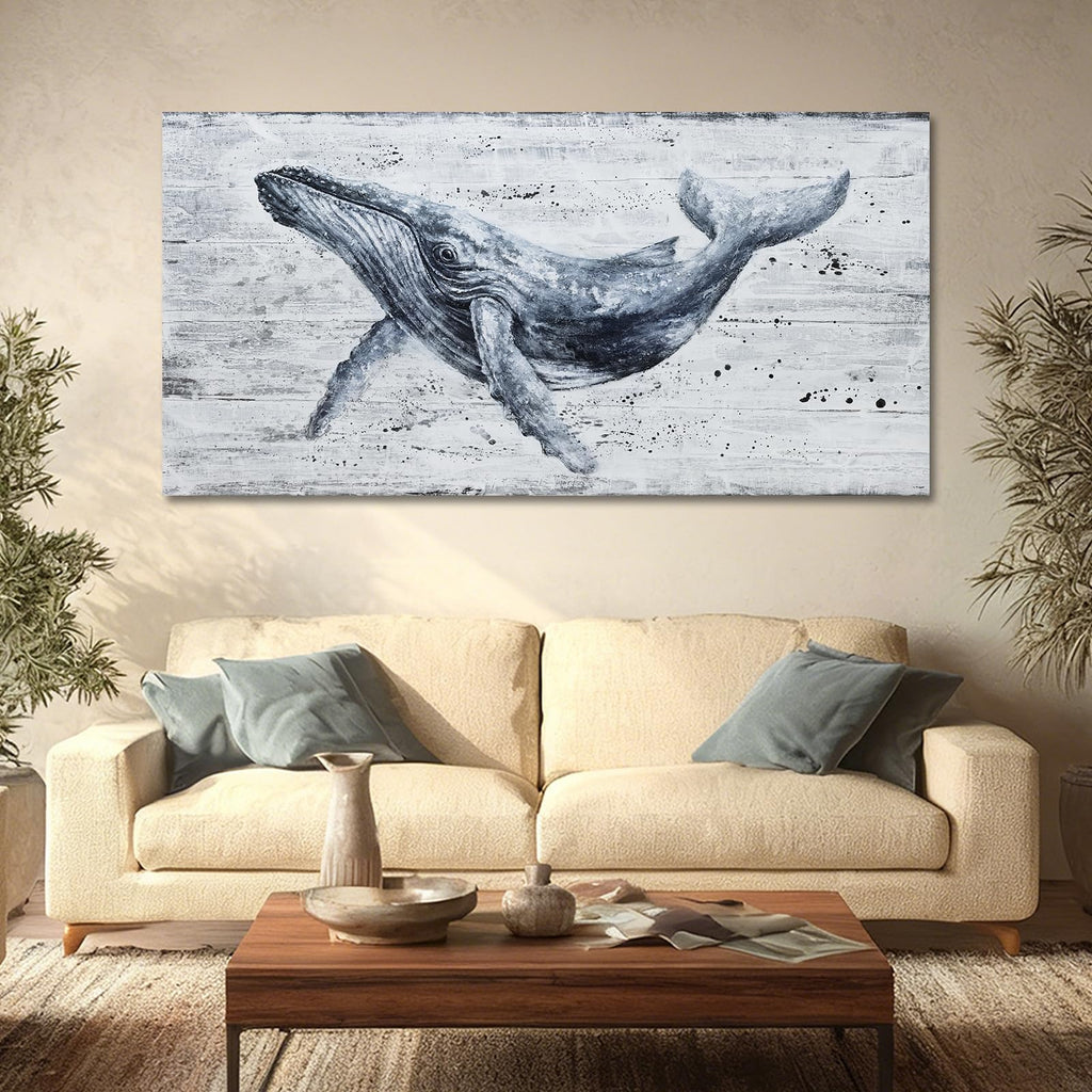 Modern Whale Canvas Wall Art Blue Ocean 24x48 Inch