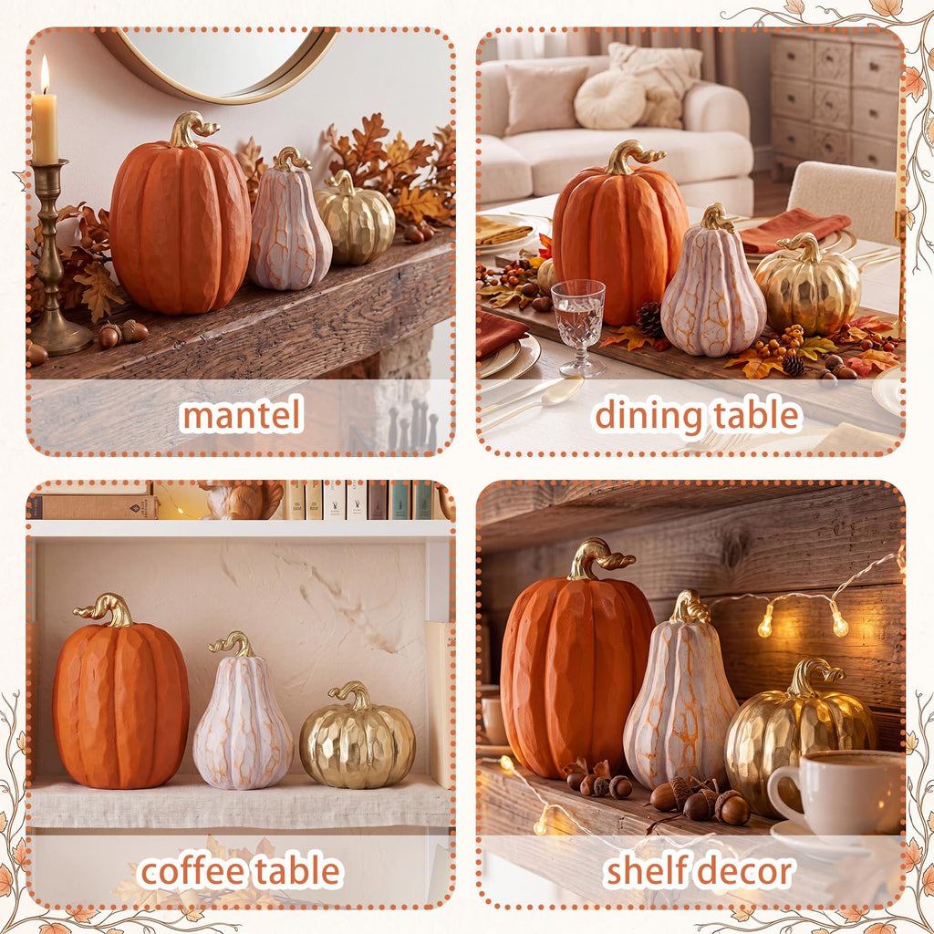 3 Pack Fall Pumpkin Decor White and Gold Resin Pumpkin Statues