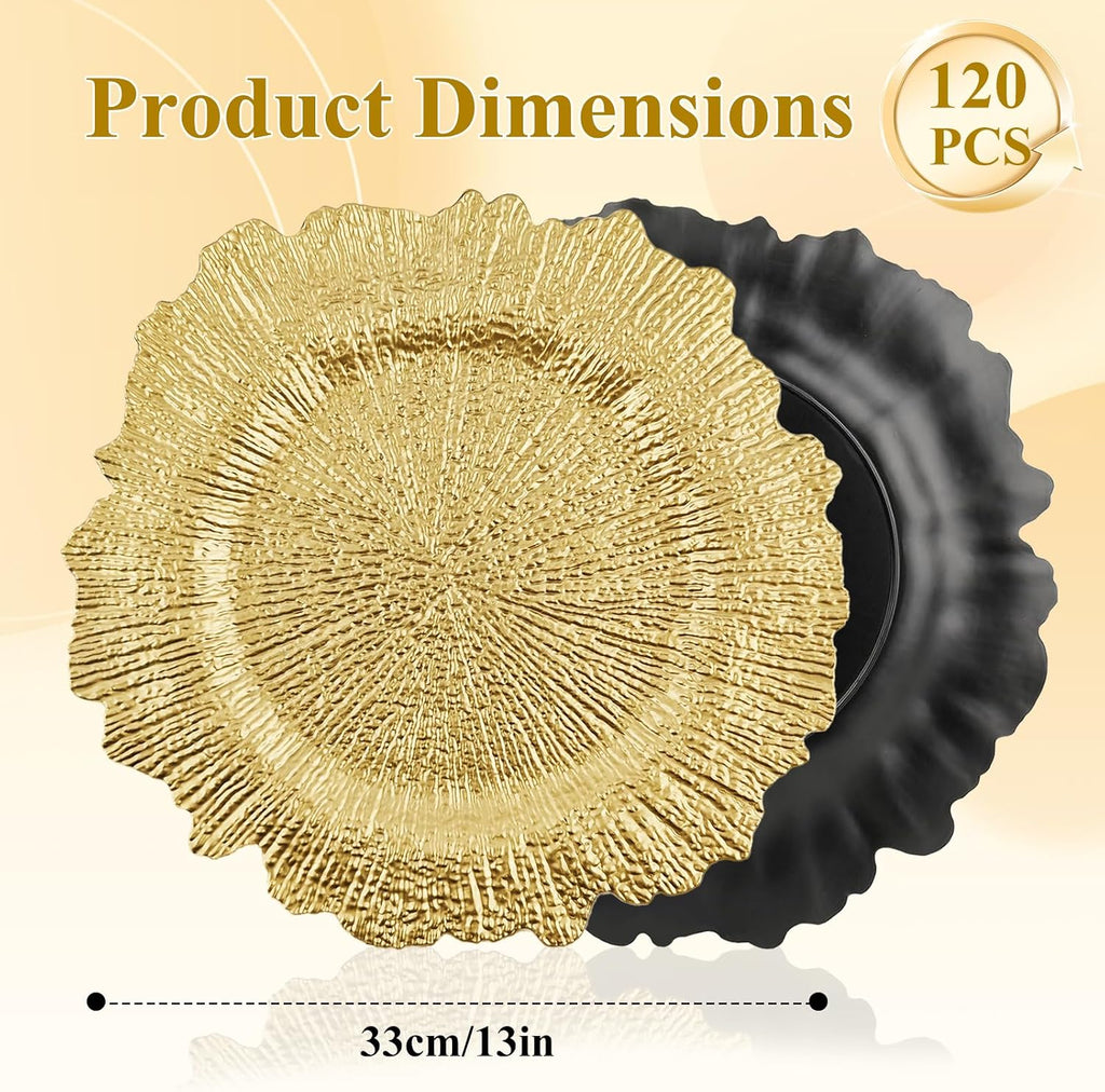 120-Pack 13" Gold Beaded Charger Plates - Disposable/Reusable Plastic Round Dinner Chargers, Prevents Food Overflow - Set of 120