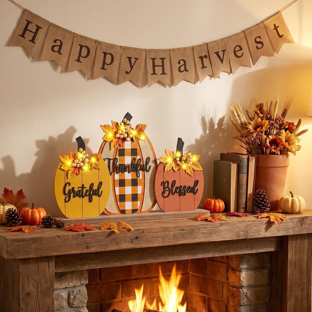 Fall Pumpkin Table Sign with LED Lights, Blessed Grateful Thankful Rustic Farmhouse Decor, Thanksgiving Harvest - Set of 3