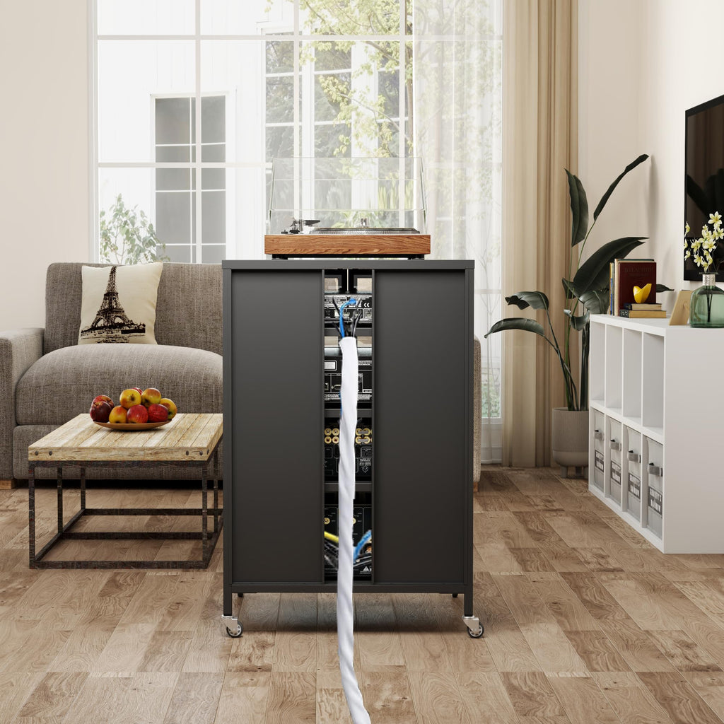 Stereo Cabinet, Metal Media Storage Cabinet with Glass Doors, Audio-Video Media Stand with 4 Adjustable Shelves, AV