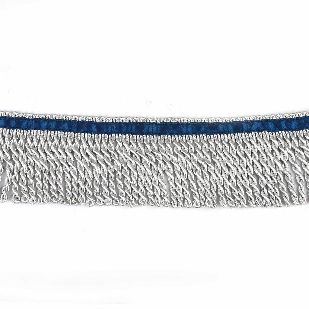 2.5" Wide Bullion Fringe Trim with Blue Ribbon,Silver - 5 Yard