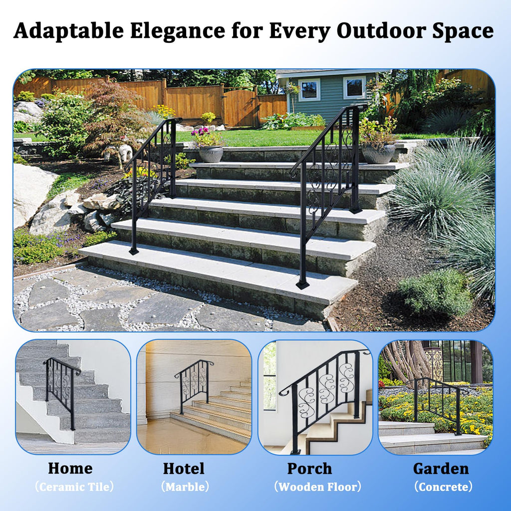 Outdoor Stair Railing Black Wrought Iron Handrail for 2 to 3 Steps