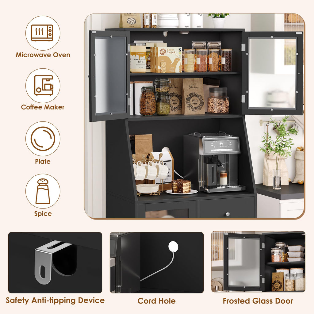 64'' Kitchen Pantry Storage Cabinet, Tall Kitchen Storage Cabinet with Microwave Stand, Hutch Cabinet with Adjustable