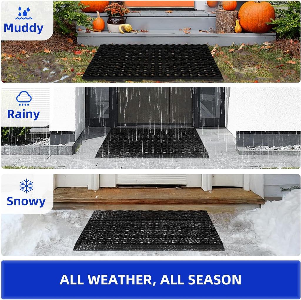 Front Door Mat, 17" X 29.5", Black, Heavy Duty Dirt Trapping | All Weather Waterproof Non-Slip Drainage Welcome