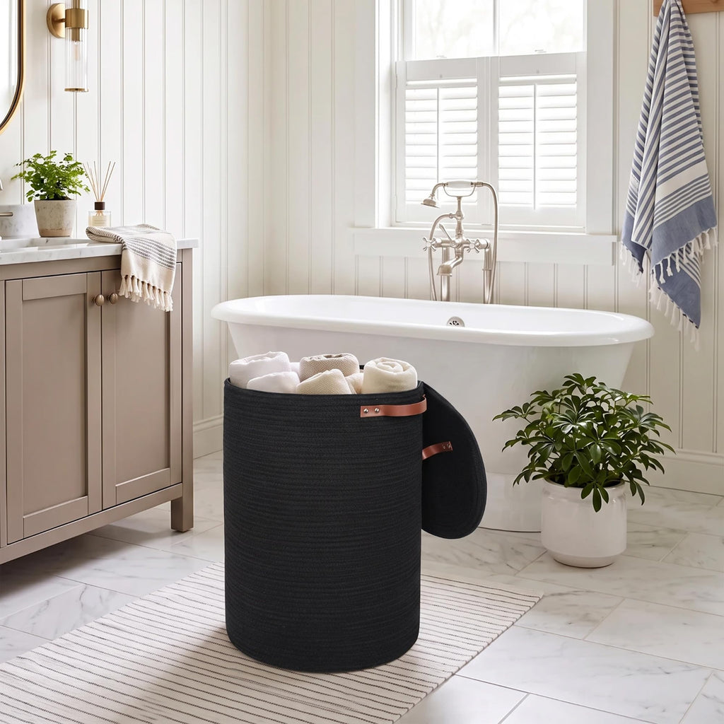 Black Basket with Lid, 15" x 20" Tall Woven Cotton Rope Laundry Hamper with Zipper, Modern Round Laundry Basket for