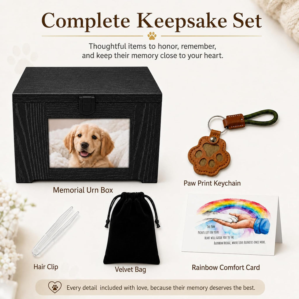 Dog Urn for Ashes - Wood Pet Cremation Box with Photo Frame, Cat Dog