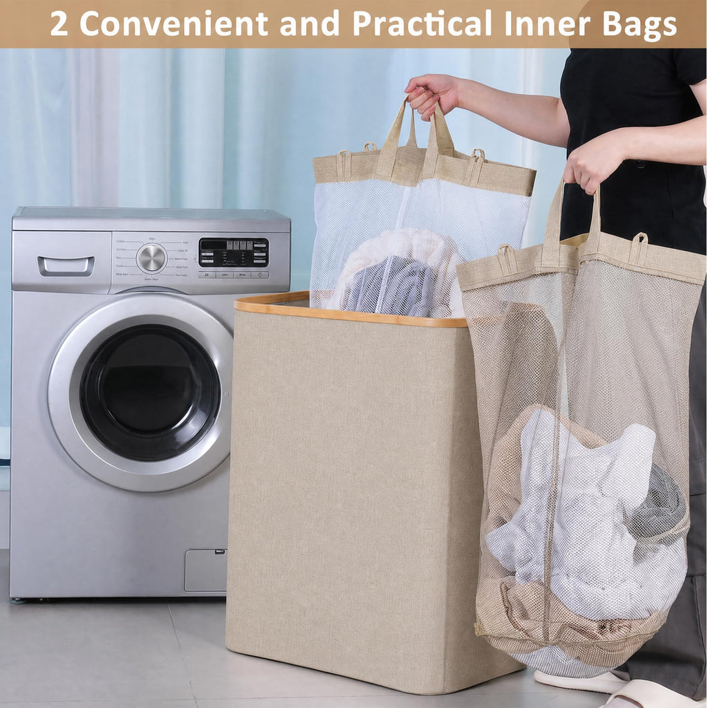 Laundry Hamper with Lid,145L Laundry Basket with Mesh Bag,Oatmeal