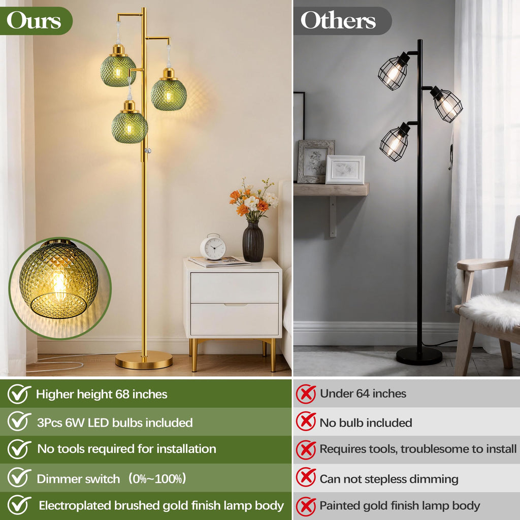 Modern Glass Floor Lamps, 3 Lights Standing Lamp, Green