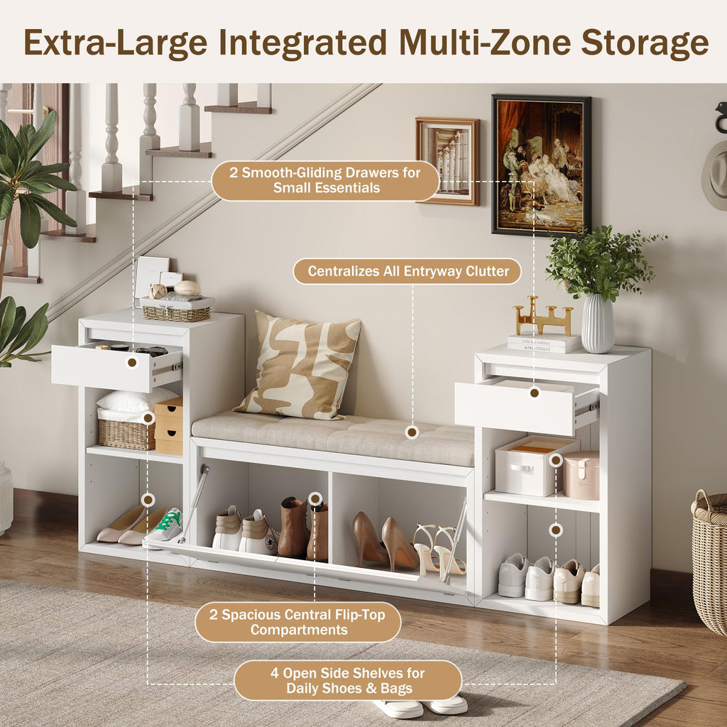 All-in-One Entryway Storage Bench with Cushion, Compartments, Drawers and Open Shelves, Farmhouse Storage Bench
