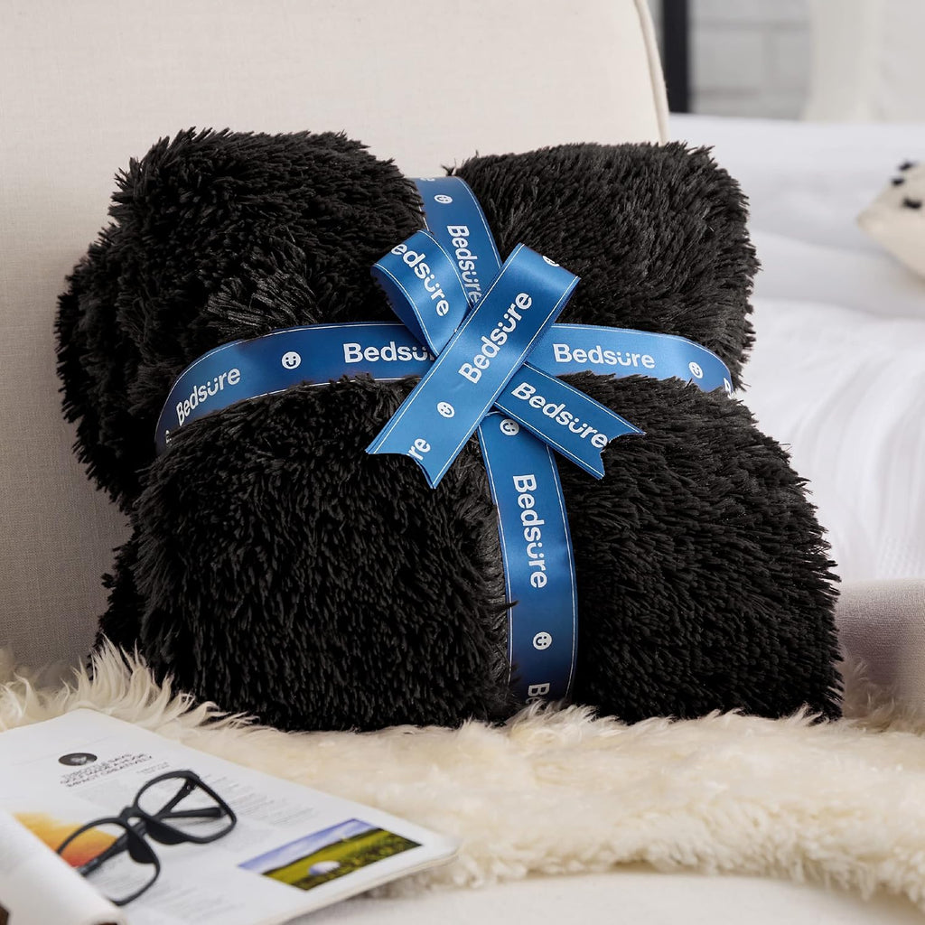 Faux Fur Fluffy Sherpa Fleece King Bed Blanket Black 108"x90" | Fuzzy Plush, Thick Warm, Fall, Comfort Cozy Soft Home