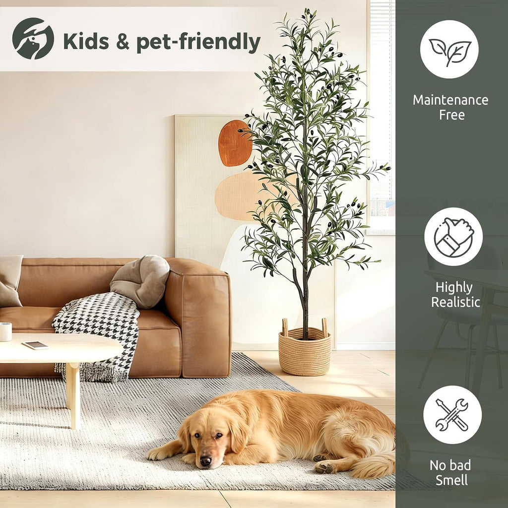 Olive Trees Artificial Indoor 6FT, Faux Olive Tree with Woven Basket & Natural-Looking Wood Trunk, Realistic Leaves &