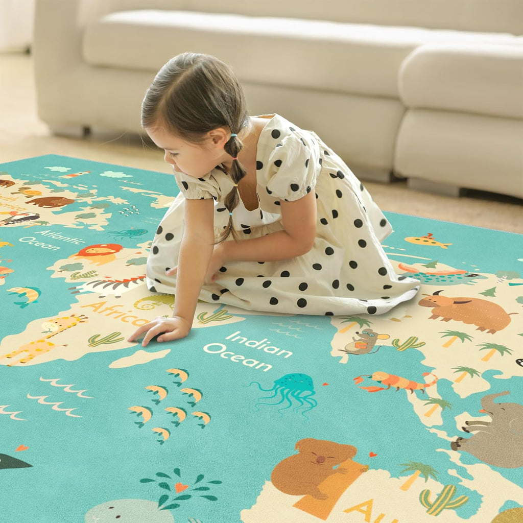 Washable Kids Playroom Rug - 5x7 Play Rug for Preschool Toddlers, Girls, Educational with Cute Animals - Non-Slip
