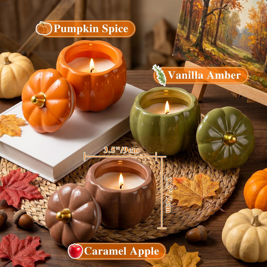 Fall Ceramic Pumpkin Candle Gift Set, Autumn Scented Candle, 14.4oz Soy Wax Pumpkin Jar Candles, Thanksgiving - Set of 3