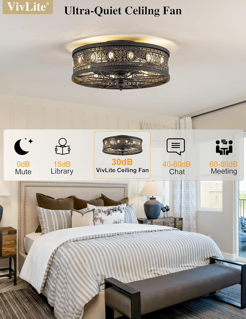 Caged Ceiling Fans with Lights,Vintage Victorian Rustic Crystal Fandelier,Low Profile Flush Mount