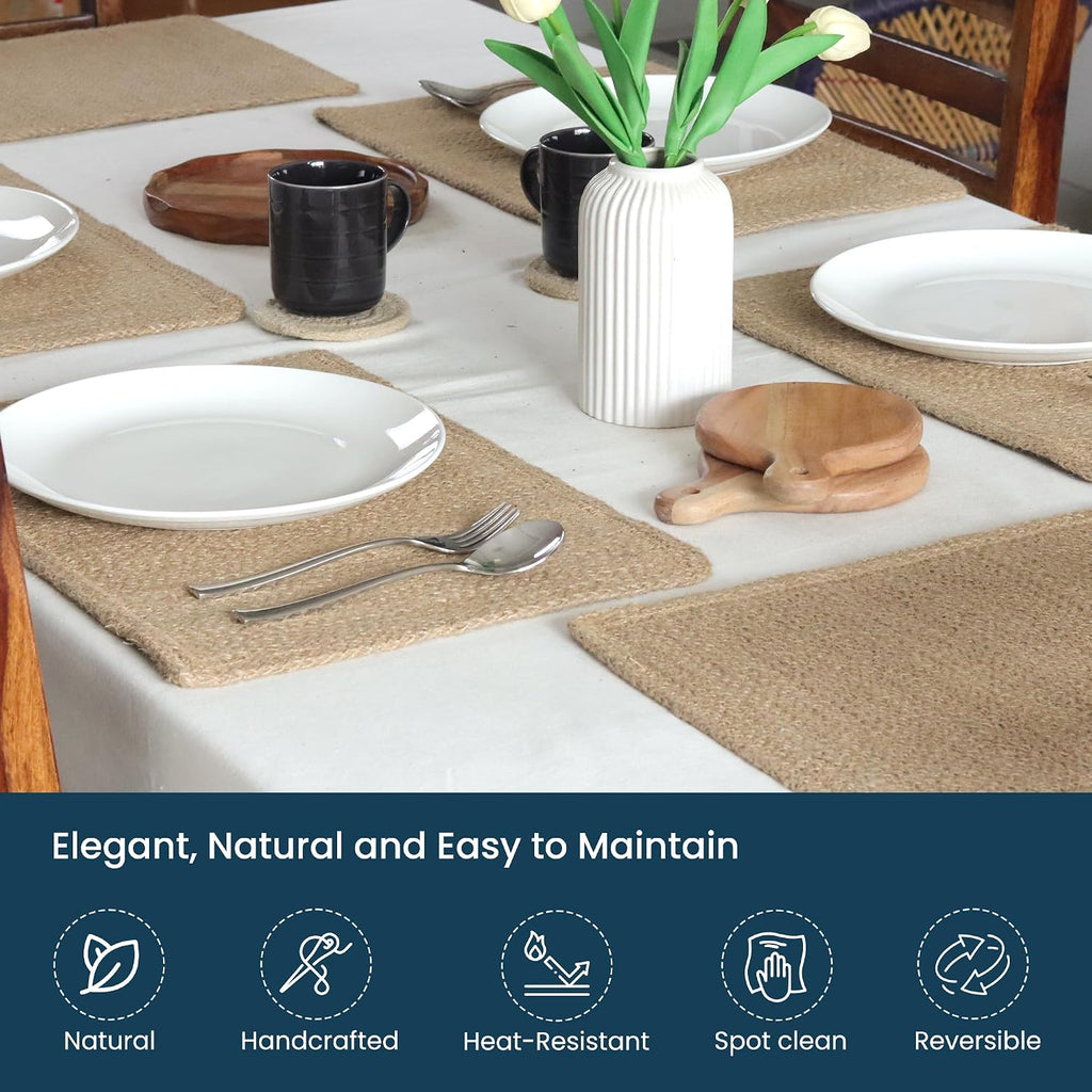 Natural Jute Placemats Burlap Woven Place mats Set of 6, 18x12 | Heat Resistant, Reversible Handcrafted Boho Table