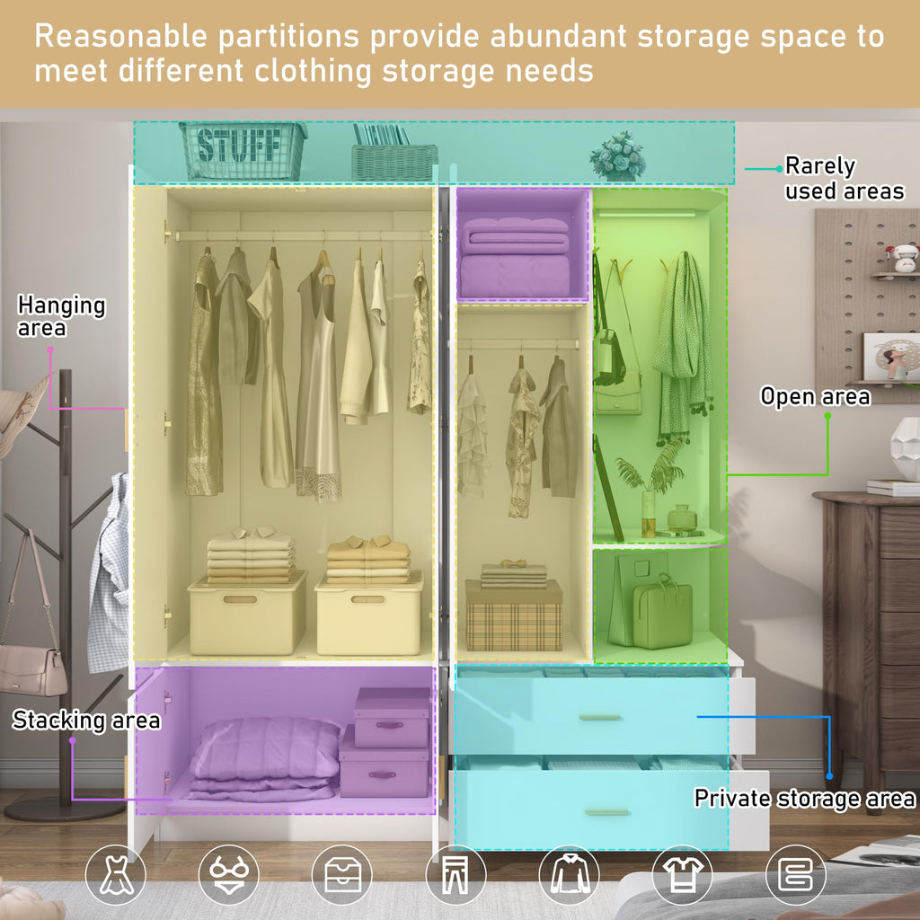 Armoire Wardrobe Closet with Mirror & Sensor Light, Bedroom Armoire with 5 Doors & 2 Drawers, Modern Wooden Large
