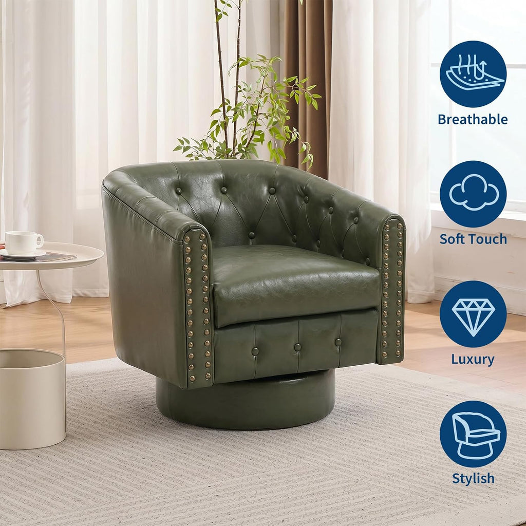 Swivel Barrel Accent Chair, 360° Leather Armchair with Rivets