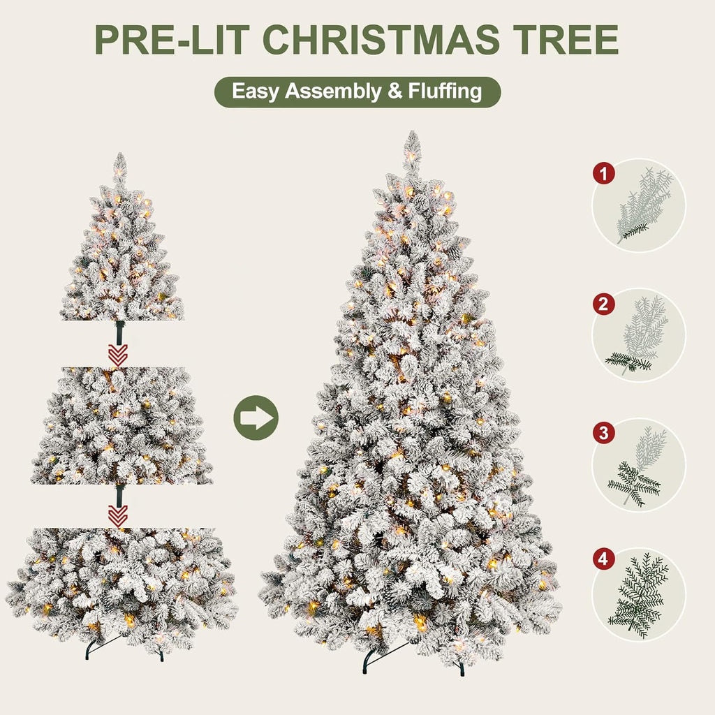 Pre-lit Flocked Christmas Tree, Artificial Christmas Tree with Lights, Snow Frosted Christmas Trees Pre-lit