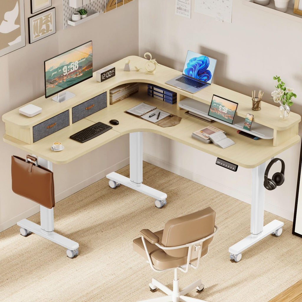 Electric L Shaped Standing Desk with Drawers, 63" x 55" Corner Standing Desk Adjustable Height, Stand Up Home Office