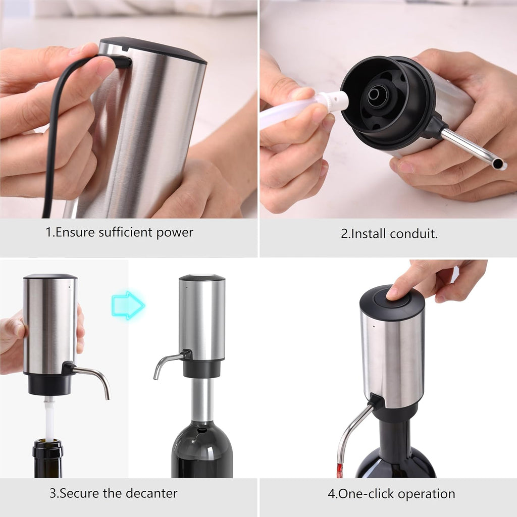 Electric Wine Aerator Pourer One Touch Wine Accessories Rechargeable 2-in-1 Automatic Wine Decanter Stainless Steel