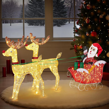 6FT Lighted Christmas Reindeer and Sleigh Outdoor Decorations, 2 Reindeer Pulling Santa's Sleigh, Warm White LED