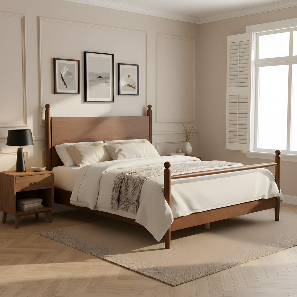 Solid Wood Platform Bed Frame with Spindle Headboard, Walnut