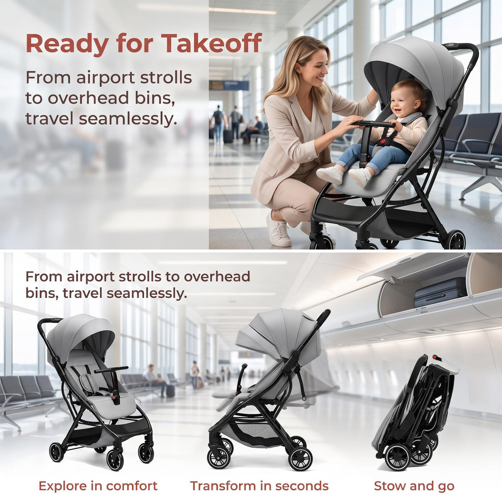 Compact Travel Stroller, Premium Grey Foldable Baby Stroller