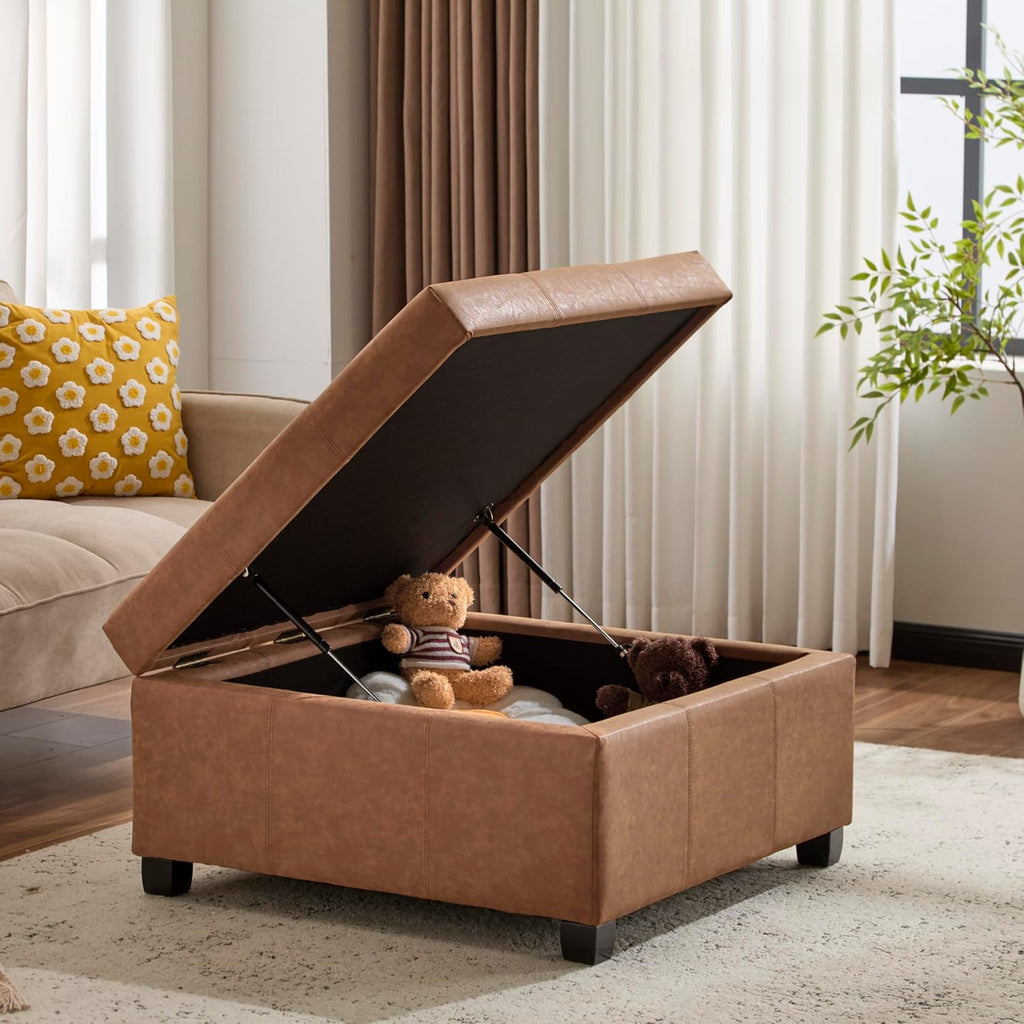 Lorel Faux Leather Square Storage Ottoman Coffee Table, Wooden Ottoman with Storage, Entryway Modern Ottoman Foot