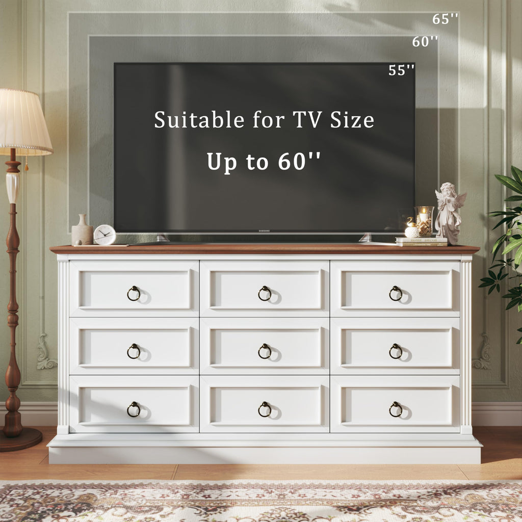 Farmhouse Dresser with 9 Drawers, 60" White Storage Chest of Drawers with with Roman Column, Wood Dresser