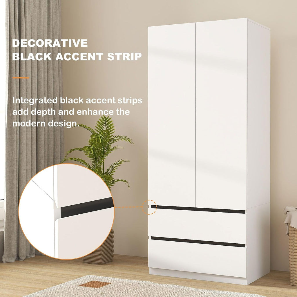 Armoire Wardrobe Closet with Drawers:75" Large White Wardrobe Closet Cabinet with 4 Doors for Hanging Clothes, Modern