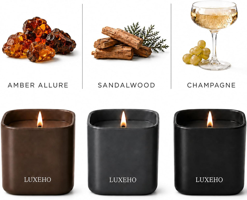 Luxury Scented Candle Set 3-Pack | Home Decor & Giftable Soy Candles | Champagne, Sandalwood & Amber | 75h Burn Time