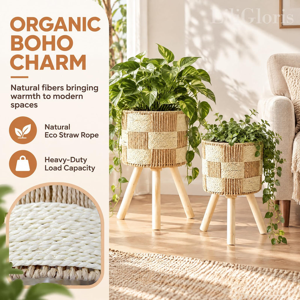Boho Rattan Plant Stand Set of 2 - Handwoven Wicker Mid-Century Modern Floor Planter Stand for Indoor Plants, Large