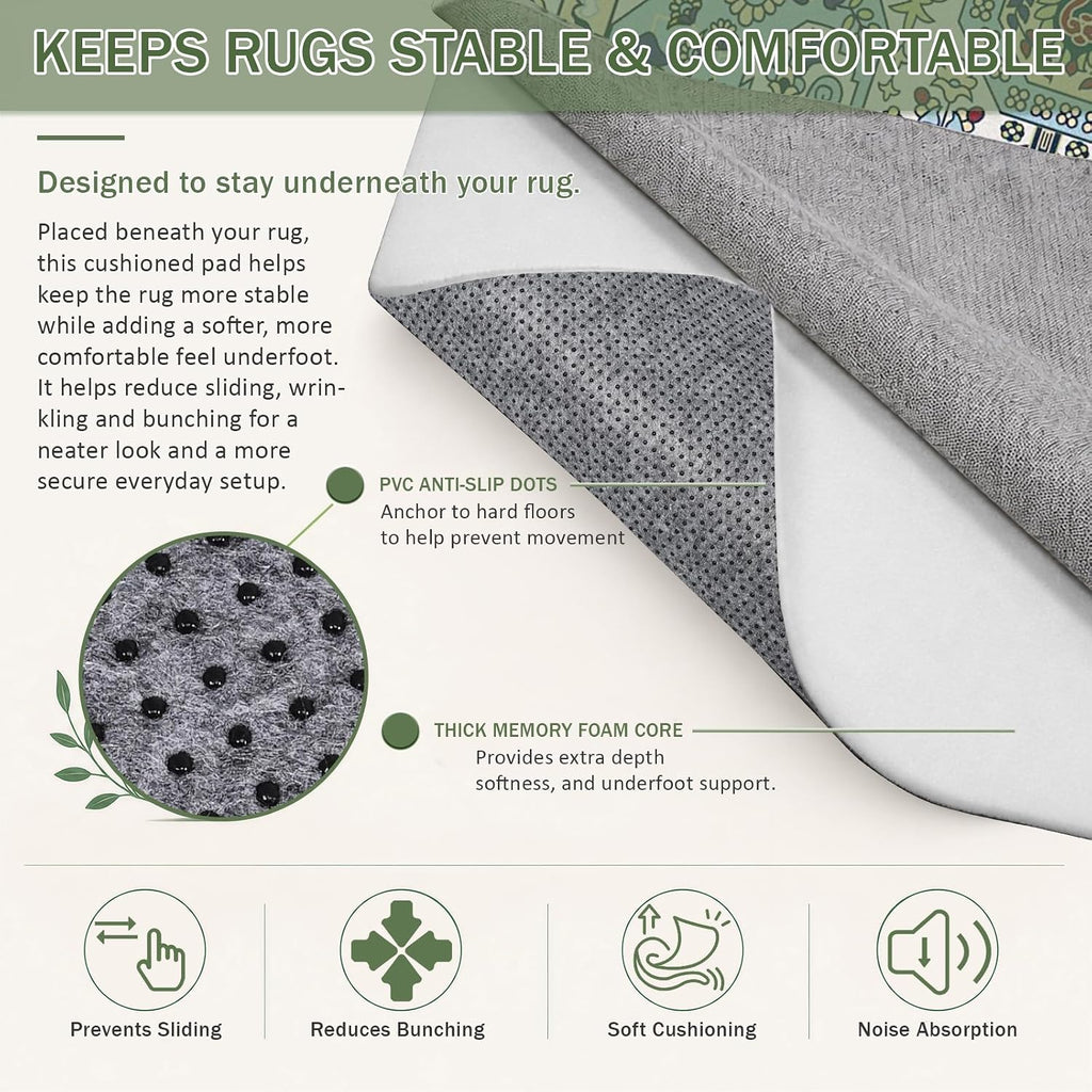 Non Slip Cushioned Rug Pads Rug Carpet Padding 9x12 Ft, 1/4 inch Thick Comfort Memory Foam Rug Pad for Under Area