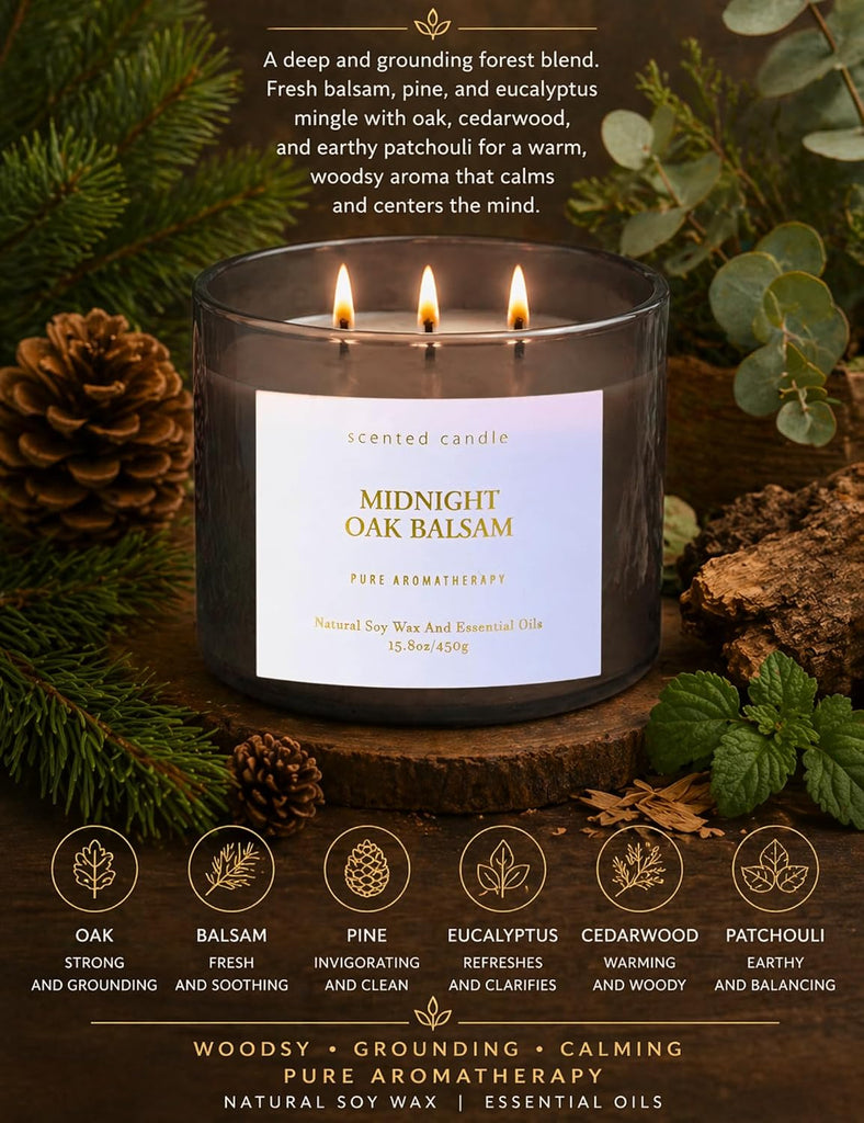 Midnight Oak Balsam 3-Wick Scented Candle, Large Woodsy Soy Candle 15.8 oz