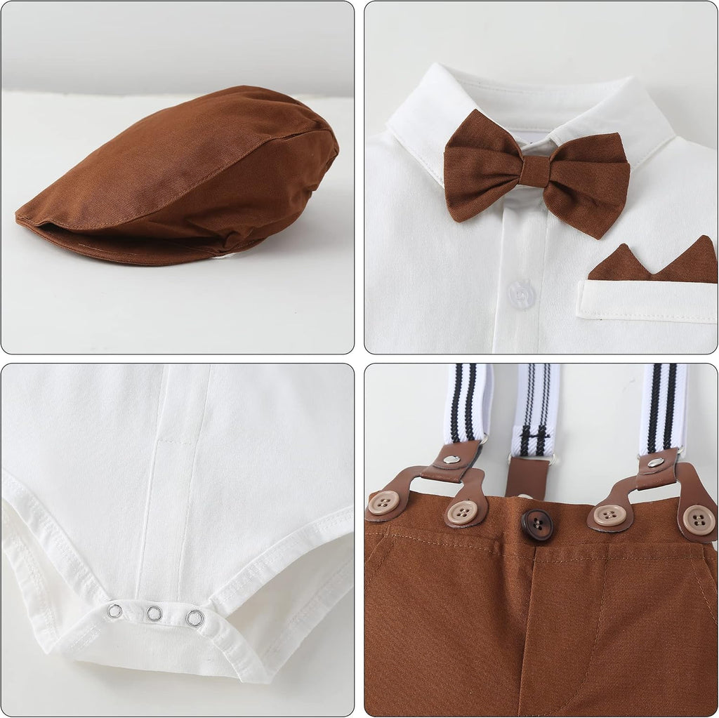 Baby Boy Clothes Set Infant Tuxedo Long Sleeve Gentleman Suit Outfits + Beret Hat + Suspender Pants + Bowtie