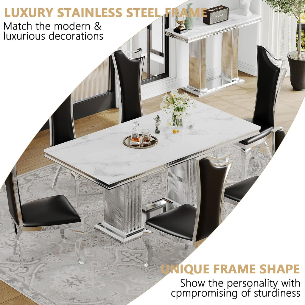 68" Faux Marble White Silver Dining Table for 6, Modern Dining Room Table with 0.71" Marble Printing MDF Top and Dual