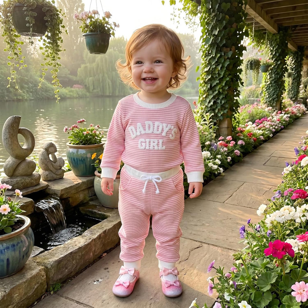 Baby Girl Fall Outfit Romper Long Sleeve Letter Embroidery Jumpsuit Bodysuit Pants Infant Waffle Clothes Set