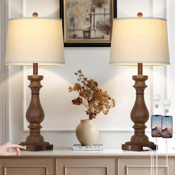 29" Tall Farmhouse Table Lamp Set of 2, Vintage Retro Nightstand Lamps with USB C+A Ports & AC Outlet, 3-Way Dimmable
