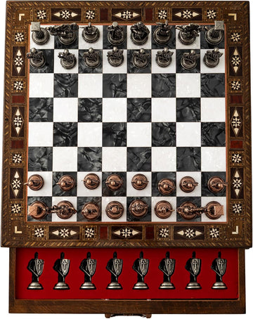 Luxury Handmade Wooden Chess Set with Metal Pieces - 12.2'' Decorative Storage Chess Board - British Themed Chess
