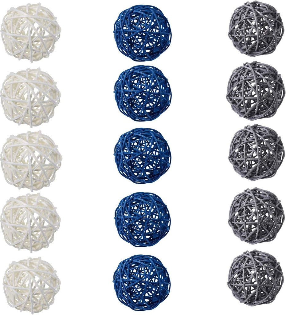 Mixed Blue Gray White Natural Decorative Wicker Rattan Balls- Vase Filler, House Ornament, Christmas Tree - Set of 15