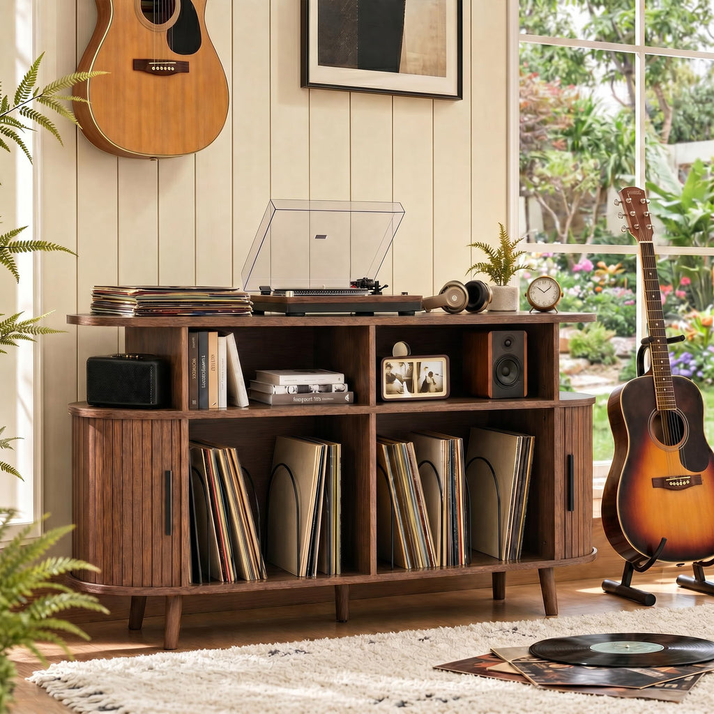 Large Record Player Stand with Storage and Charging Station, 55" Turntable Stand Vinyl Record Player Table Cabinet